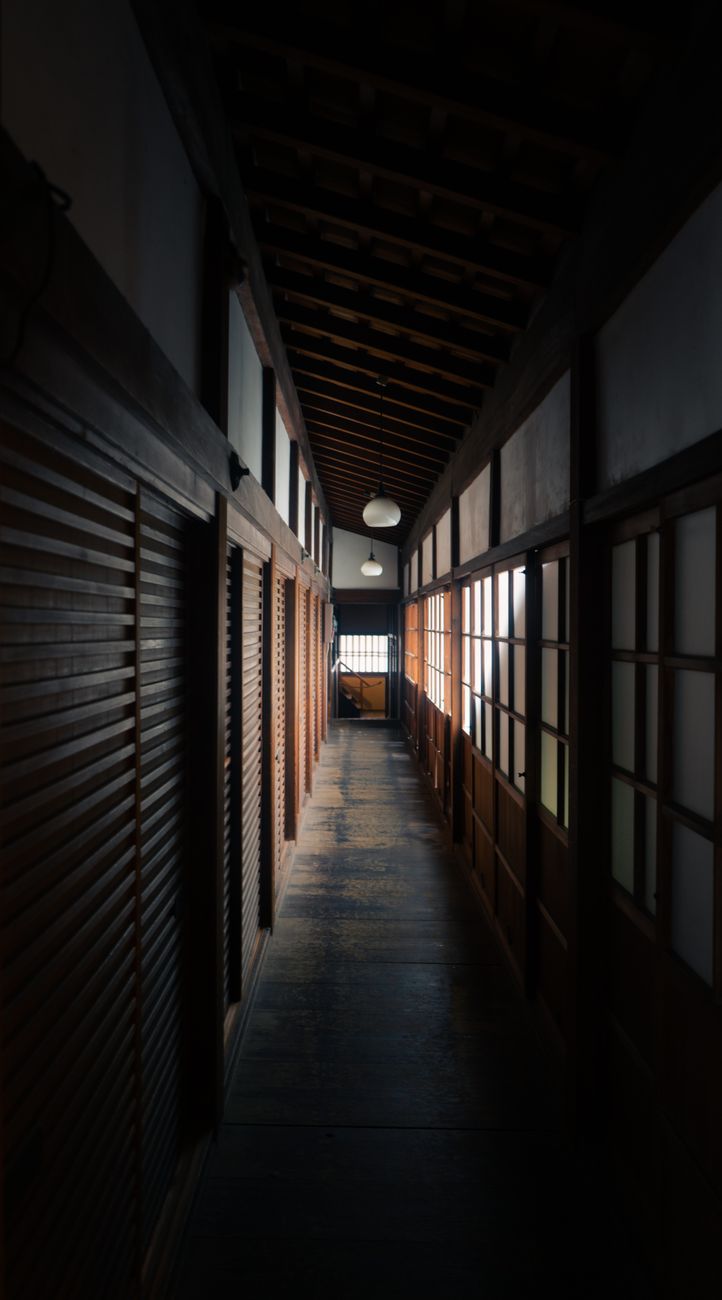 Traditional Japanese wooden ryokan courtyard